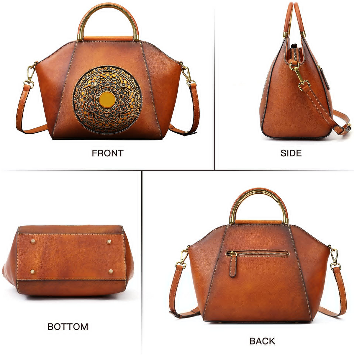 Vintage Genuine Leather Satchel Bag for Women, Crossbody Tote Handbag with Classic Embossed Design