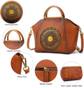 Vintage Genuine Leather Satchel Bag for Women, Crossbody Tote Handbag with Classic Embossed Design