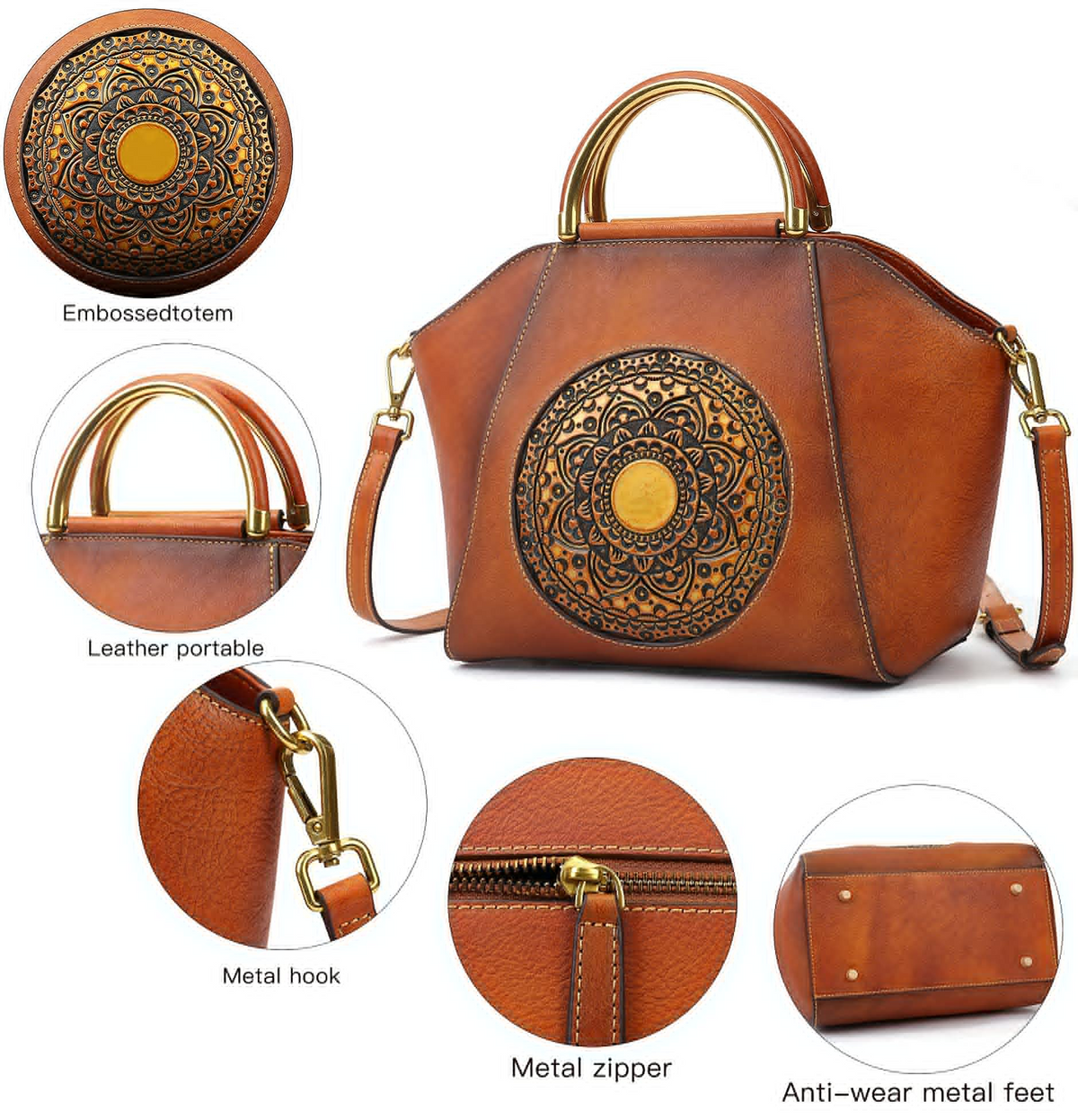 Vintage Genuine Leather Satchel Bag for Women, Crossbody Tote Handbag with Classic Embossed Design