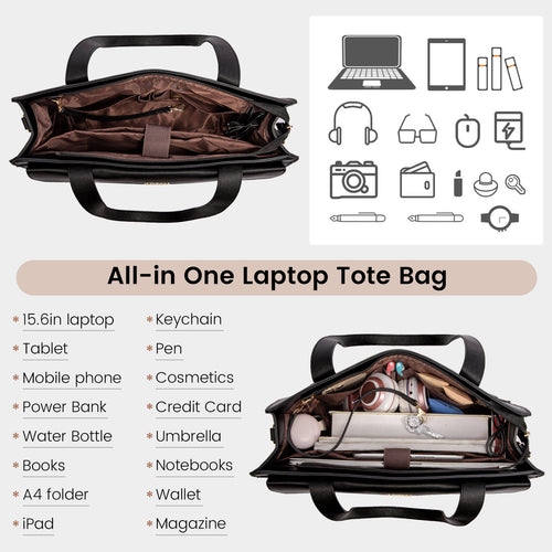 PU Leather Laptop Tote Bag for Women, 15.6-Inch Business Briefcase Shoulder Handbag with Large Capacity